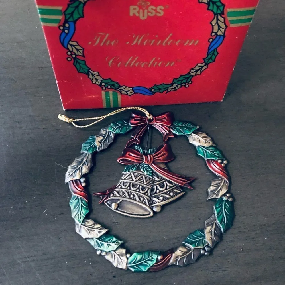 Russ Vintage Christmas Wreath Silver Holly Bells Holiday Ornament